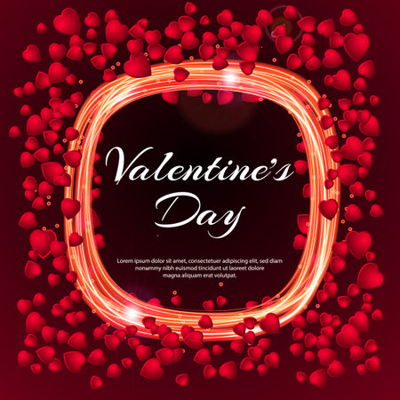 Valentines day sale red background with hearts and gold neon round frame with lights effects. vector illustration. Wallpaper, flyers, invitation, posters, brochure, banners. February 14のイラスト素材