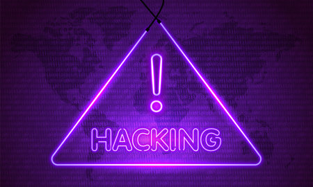 Attention Danger Hacking. Neon Symbol on Map Dark Purple Background. Security protection Malware Hack Attack Data Breach Concept. System hacked error, Attacker alert sign computer virus. ransomware. vector illustrationのイラスト素材