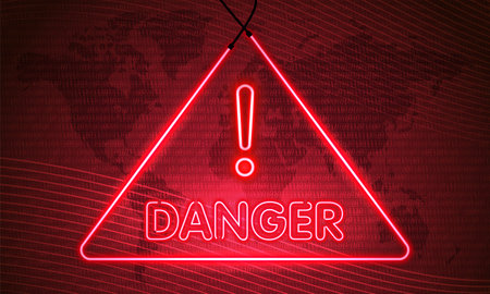 Attention Danger Hacking. Symbol on Map Dark Purple Background. Security protection Malware Hack Attack Data Breach Concept. System hacked error, Attacker alert sign computer virus. ransomware. vector illustrationのイラスト素材