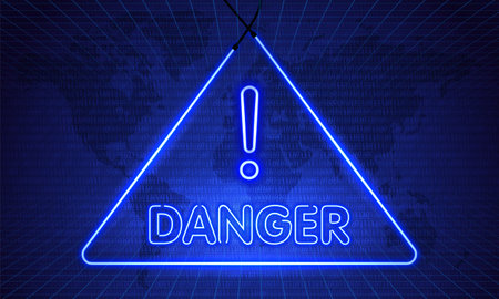 Neon word Danger. Symbol on Map Dark Blue Background. Security protection Malware Hack Attack Data Breach Concept. System hacked error, Attacker alert sign computer virus. Hacking. ransomware vector illustrationのイラスト素材