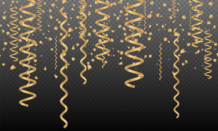 Celebration gold serpentine and confetti on transparent background. Vector illustration for decoration holidays, postcards, posters, websites, carnivals, children's parties, birthday festiveのイラスト素材