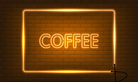 Neon sign COFFEE in a frame on brick wall background. Vintage electric signboard with bright neon lights. orange light falls. vector illustration.のイラスト素材
