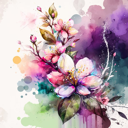Watercolor blooming spring flowers with splash background. Green leaves, field wild summer bloom, herbs. beautiful composition. Illustration for card design, print, posterのイラスト素材