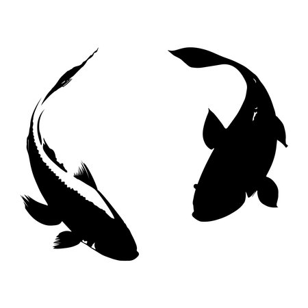 Two fish black silhouette. isolated element. Black shape on white transparent background. Plotter laser cutting file. Chinese or Japanese painting with strokes of black paint. vector illustrationのイラスト素材
