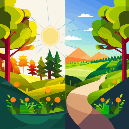 Summer landscape set background with lake, mountains, green field hills, big meadows, blue spring sky and clouds, trees. countryside. Rural scene. nature view. Flat cartoon vector illustration.のイラスト素材
