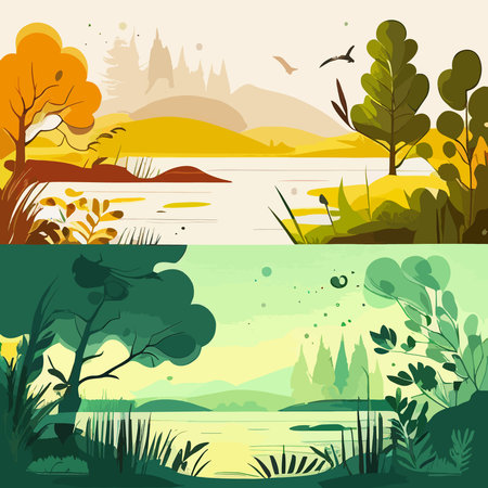 Summer landscape set background with lake, mountains, green field hills, big meadows, blue spring sky and clouds, trees. countryside. Rural scene. nature view. Flat cartoon vector illustration.のイラスト素材