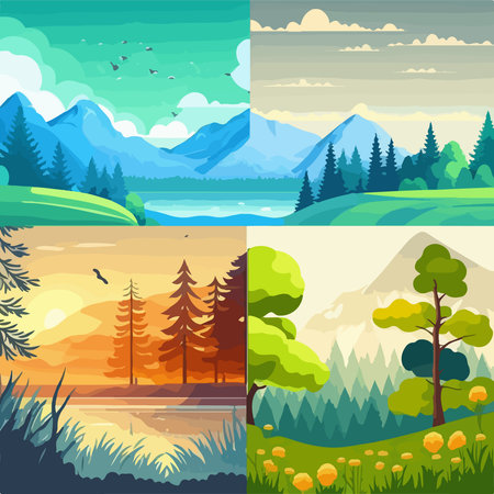 Summer landscape set background with lake, mountains, green field hills, big meadows, blue spring sky and clouds, trees. countryside. Rural scene. nature view. Flat cartoon vector illustration.のイラスト素材