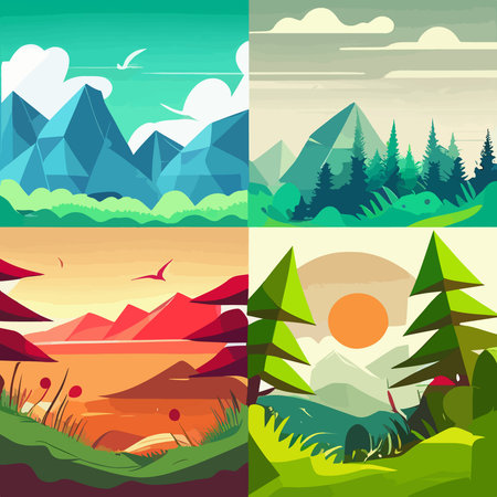 Summer landscape set background with lake, mountains, green field hills, big meadows, blue spring sky and clouds, trees. countryside. Rural scene. nature view. Flat cartoon vector illustration.のイラスト素材