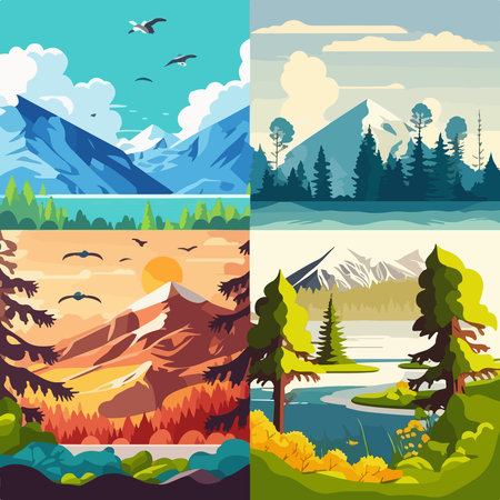Summer landscape set background with lake, mountains, green field hills, big meadows, blue spring sky and clouds, trees. countryside. Rural scene. nature view. Flat cartoon vector illustration.のイラスト素材