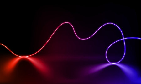 Abstract colorful neon background with wavy line glowing in the dark. Panoramic shine backdrop. 3d rendering. Lights rectangular line, luminous rays. Modern wave geometric shape. vector illustrationのイラスト素材