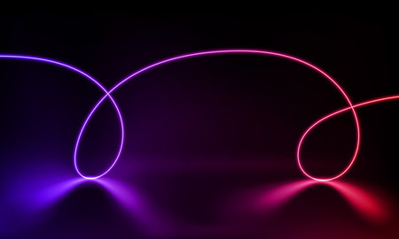 Abstract colorful neon background with wavy line glowing in the dark. Panoramic shine backdrop. 3d rendering. Lights rectangular line, luminous rays. Modern wave geometric shape. vector illustrationのイラスト素材