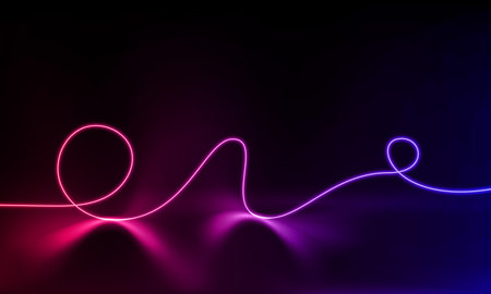 Abstract colorful neon background with wavy line glowing in the dark. Panoramic shine backdrop. 3d rendering. Lights rectangular line, luminous rays. Modern wave geometric shape. vector illustrationのイラスト素材