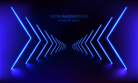 Podium, road, pedestal or platform with neon luminous rays on blue background. Stage with scenic lights. Abstract 3D neon background. Neon magic lights arrow line. motion shine. vector illustration.のイラスト素材
