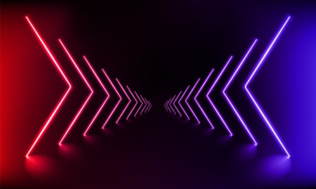 Podium, road, pedestal or platform with neon luminous rays on blue and pink background. Stage with scenic lights. Abstract neon background. Neon magic lights arrow line.Motion shine.Vector illustrationのイラスト素材