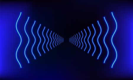 Podium, road, pedestal or platform with neon luminous rays on blue background. Stage with scenic lights. Abstract neon background. Neon magic lights wave line. motion shine blue. vector illustration.のイラスト素材