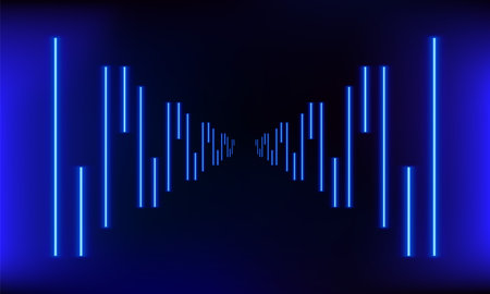 Podium, road, pedestal or platform with neon luminous rays on blue background. Stage with scenic lights. Abstract 3D neon background. Neon magic lights line. motion shine blue. vector illustration.のイラスト素材