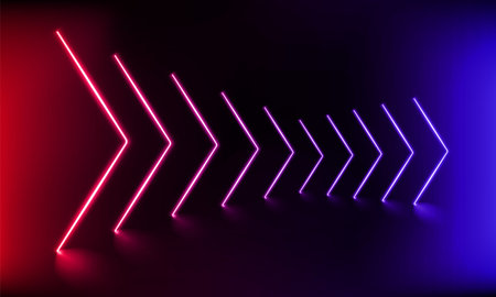 Podium, road, pedestal or platform with neon luminous arrows on blue and pink background. 3d rendering. Abstract panoramic neon ray backdrop. Neon magic arrow showing direction right.Vector illustrationのイラスト素材