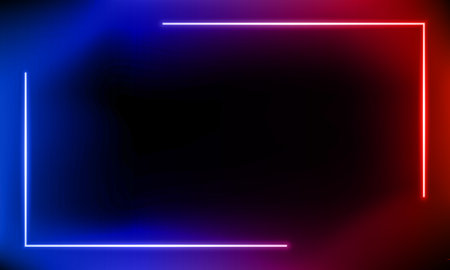 Abstract colorful neon background with red blue gradient. 3d rendering. Panoramic shine backdrop. Lights rectangular line, luminous rays. Motion simple geometric shape. blank banner. vector illustration.のイラスト素材