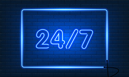 Neon sign Open 24 7 hours in frame on brick wall background. Vintage electric signboard with bright neon lights. blue light falls. 24 Hours Night Club. Bar Neon Sign. vector illustrationのイラスト素材