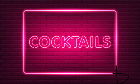 Neon sign Cocktails with glass in frame on brick wall background. Vintage pink electric signboard with bright neon lights. Drink Night Club. Bar neon sign light falls. vector illustration.のイラスト素材