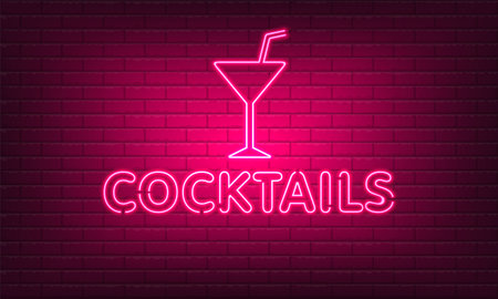 Neon sign Cocktails with glass on brick wall background. Vintage pink electric signboard with bright neon lights. Drink Night Club. Bar neon sign light falls. vector illustration.のイラスト素材