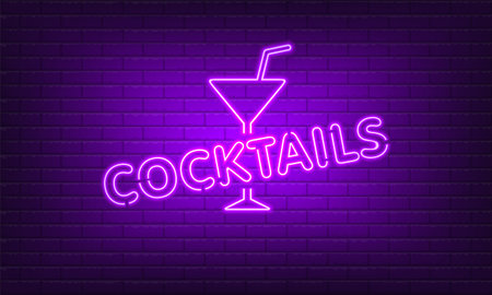 Neon sign Cocktails with glass on brick wall background. Vintage purple electric signboard with bright neon lights. Drink Night Club. Bar neon sign light falls. vector illustration.のイラスト素材