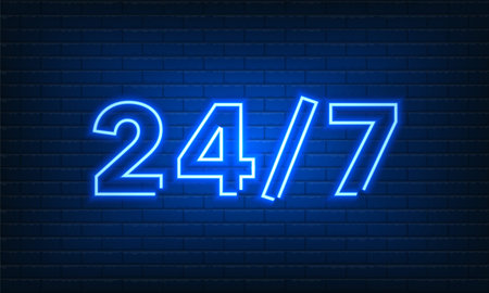 Neon blue sign Open 24 7 hours on brick wall background. Vintage electric signboard with bright neon...