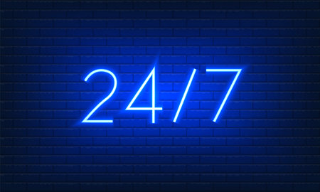 Neon blue sign Open 24 7 hours on brick wall background. Vintage electric signboard with bright neon lights. blue light falls. 24 Hours Night Club. Bar Neon Sign. vector illustrationのイラスト素材