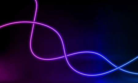 Abstract colorful neon background with wave line glowing in the dark. Panoramic shine backdrop. 3d rendering. Lights rectangular lines, luminous rays. Modern wavy geometric shape. vector illustrationのイラスト素材