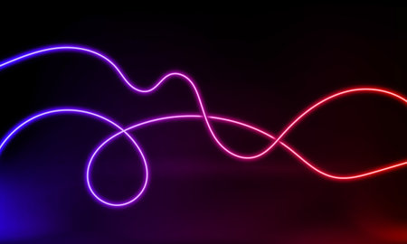 Abstract colorful neon background with wave line glowing in the dark. Panoramic shine backdrop. 3d rendering. Lights rectangular lines, luminous rays. Modern wavy geometric shape. vector illustrationのイラスト素材