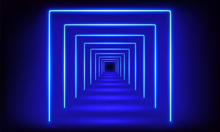 Podium, road, pedestal, platform in form square with neon luminous rays on blue background. Stage with scenic lights. Abstract 3D neon backdrop. Neon magic motion lights line. vector illustrationのイラスト素材