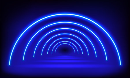Podium, road, pedestal, platform in form circle with neon luminous rays on blue background. Stage with scenic lights. Abstract 3D neon backdrop. Neon magic motion lights semicircle. vector illustration.のイラスト素材