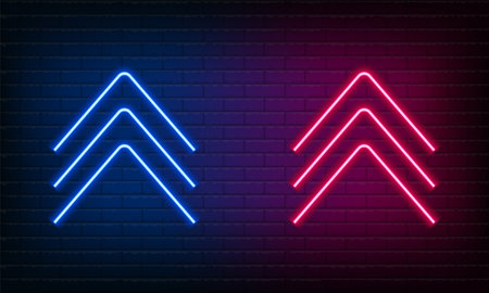 Neon sign Arrow Up blue and pink on brick wall background. Vintage electric signboard with bright neon lights. Neon symbol pointer light. Bar or Cafe with coffee. Night Club Drink. vector illustration.のイラスト素材