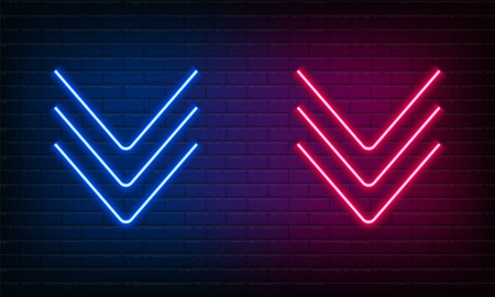 Neon sign Arrow down blue and pink on brick wall background. Vintage electric signboard with bright neon lights. Neon symbol pointer light. Bar or Cafe coffee. Night Club Drink. vector illustrationのイラスト素材
