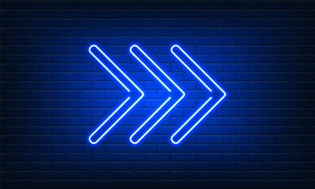 Neon sign Arrow Right blue on brick wall background. Vintage electric signboard with bright neon lights. Neon symbol pointer light. Bar or Cafe with coffee. Night Club Drink. vector illustration.のイラスト素材