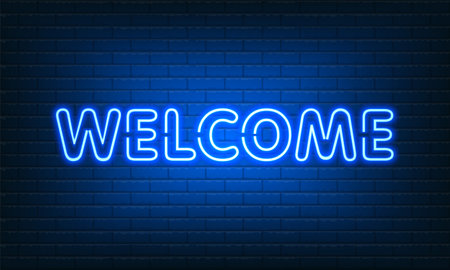 Neon sign Welcome with glass on brick wall background. Vintage blue electric signboard with bright neon lights. Drink Night Club. Bar neon sign light falls. vector illustration.のイラスト素材