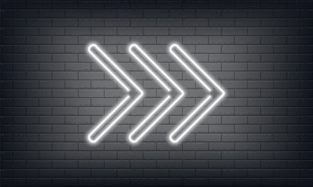 Neon sign Arrow Right black and white on brick wall background. Vintage electric signboard with bright neon lights. Neon symbol pointer light. Bar or Cafe with coffee. Night Club Drink. vector illustration.のイラスト素材