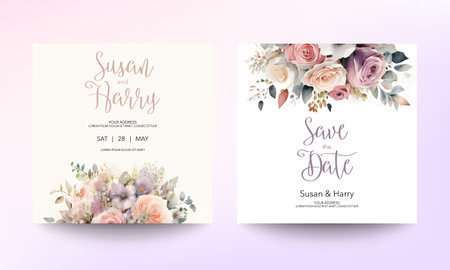 Wedding invitation card template with beautiful floral and leaves. Flower watercolor brush texture. Save the date invite cards. modern pastel color. Trendy design square poster. Premium Vectorのイラスト素材