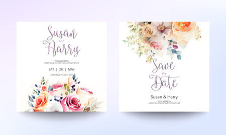 Wedding invitation card template with beautiful floral and leaves. Flower watercolor brush texture. Save the date invite cards. modern pastel color. Trendy design square poster. Premium Vectorのイラスト素材