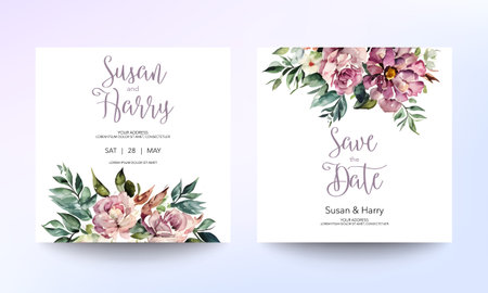 Wedding invitation card template with beautiful floral and leaves. Flower watercolor brush texture. Save the date invite cards. modern pastel color. Trendy design square poster. Premium Vectorのイラスト素材