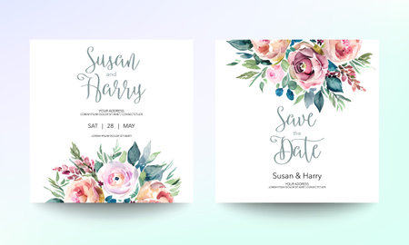 Wedding invitation card template with beautiful floral and leaves. Flower watercolor brush texture. Save the date invite cards. modern pastel color. Trendy design square poster. Premium Vectorのイラスト素材