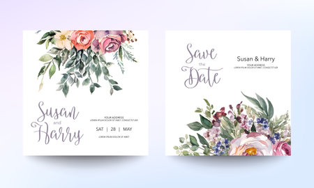 Wedding invitation card template with beautiful floral and leaves. Flower watercolor brush texture. Save the date invite cards. modern pastel color. Trendy design square poster. Premium Vectorのイラスト素材