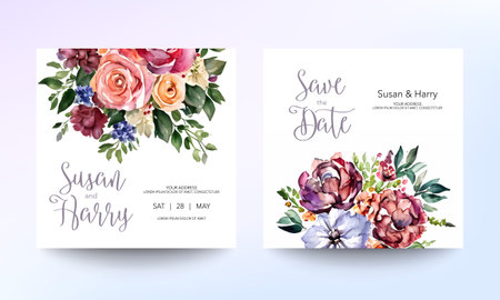 Wedding invitation card template with beautiful floral and leaves. Flower watercolor brush texture. Save the date invite cards. modern pastel color. Trendy design square poster. Premium Vectorのイラスト素材