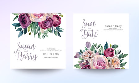 Wedding invitation card template with beautiful floral and leaves. Flower watercolor brush texture. Save the date invite cards. modern pastel color. Trendy design square poster. Premium Vectorのイラスト素材
