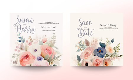 Wedding invitation card template with beautiful floral and leaves. Flower watercolor brush texture. Save the date invite cards. modern pastel color. Trendy design square poster. Premium Vectorのイラスト素材