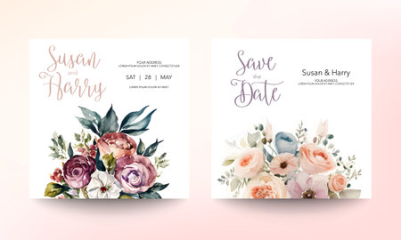 Wedding invitation card template with beautiful floral and leaves. Flower watercolor brush texture. Save the date invite cards. modern pastel color. Trendy design square poster. Premium Vectorのイラスト素材