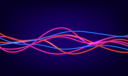 Abstract colorful neon wave gradient with line glowing on dark background. Futuristic creative shine backdrop. 3d rendering. Curved fantastic blend wavy lines geometric equalizer. vector illustrationのイラスト素材