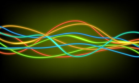Abstract colorful neon wave gradient with line glowing on dark background. Futuristic creative shine backdrop. 3d rendering. Curved fantastic blend wavy lines geometric equalizer. vector illustrationのイラスト素材