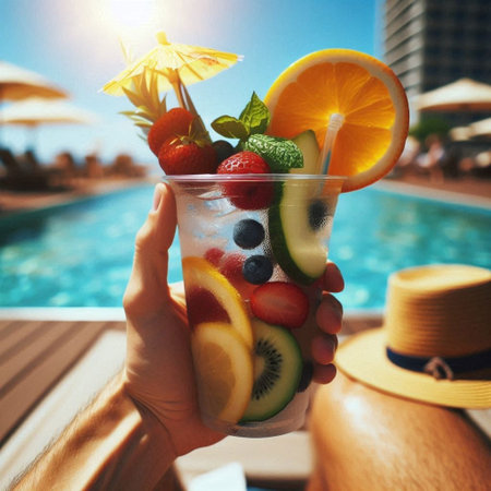 Cocktail with fruits and berries on the background of the swimming pool