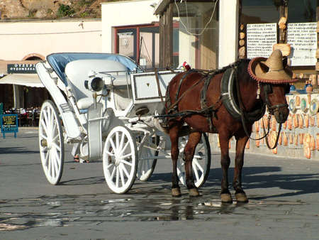 A romantic horse drawn carriage in Chania Crete  の写真素材